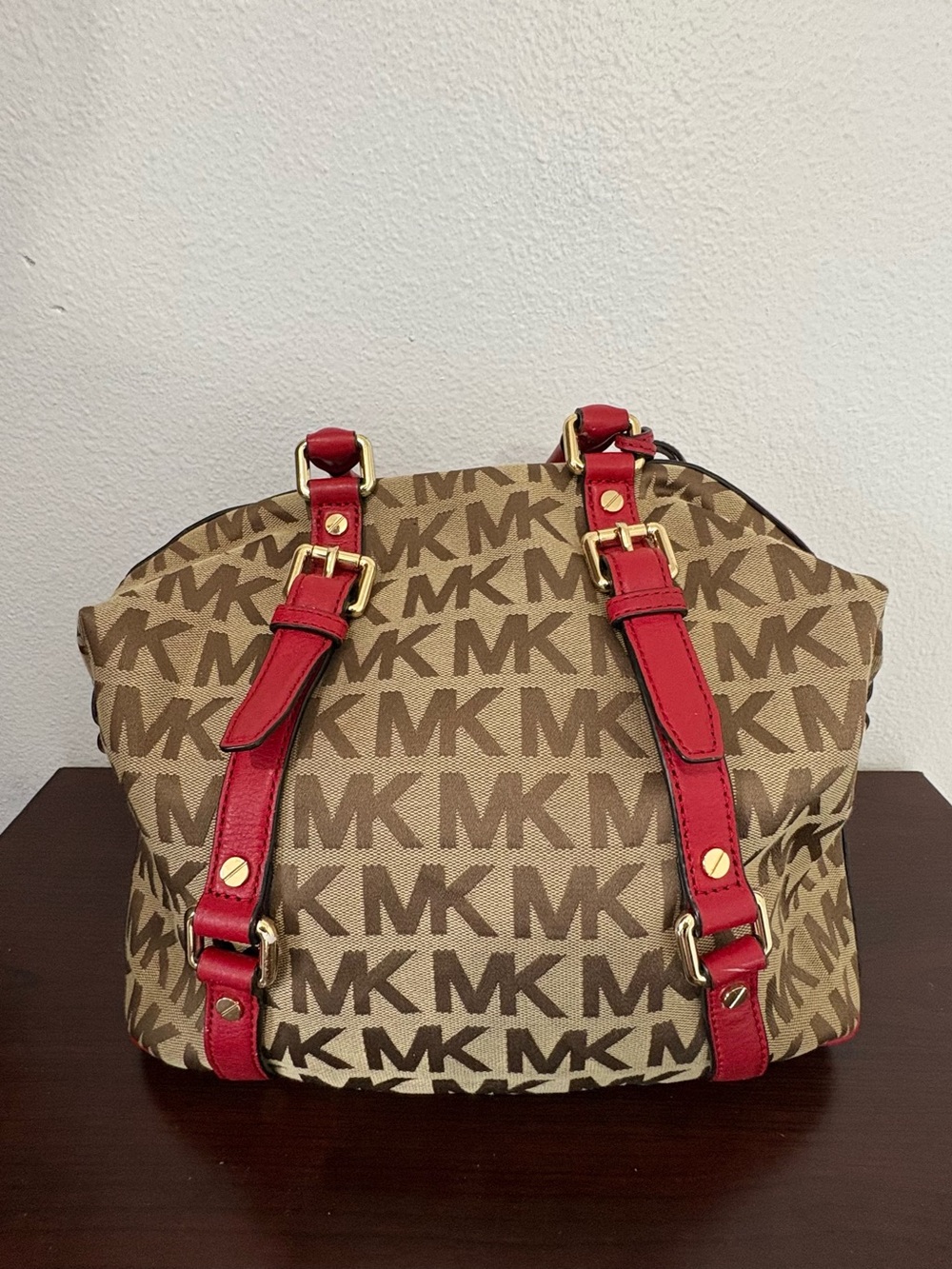 Michael Kors Tan MK Logo Satchel with Red Straps
